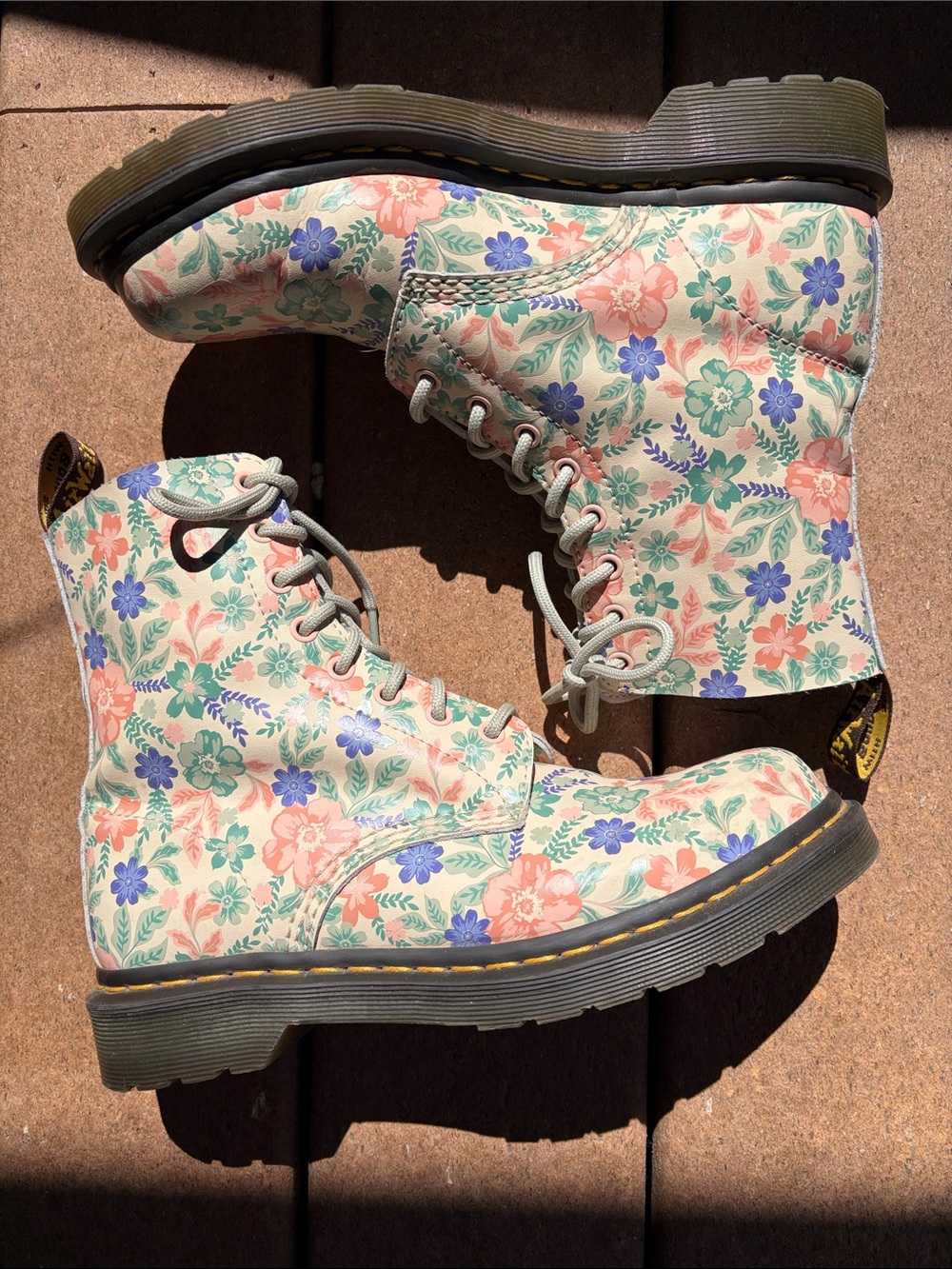 Dr. Martens Cream Floral Lace-Up Boots with Pink & Blue Flowers